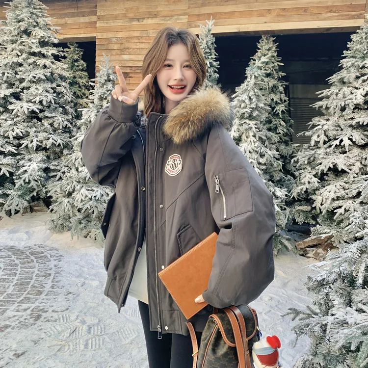 赵露思同款大毛领连帽工装羽绒女2025冬款酷飒设计感90绒派克外套