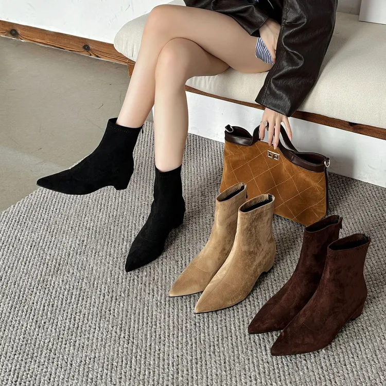【立冬穿搭】新款简约磨砂绒面瘦瘦靴时尚百搭上班鞋加绒中跟短靴女
