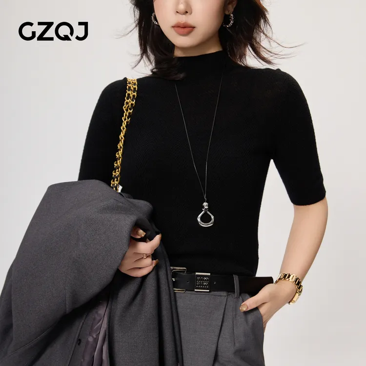 老琴私服【缪斯之语】绵羊毛显瘦半高领短袖毛针织衫上衣女秋款2102