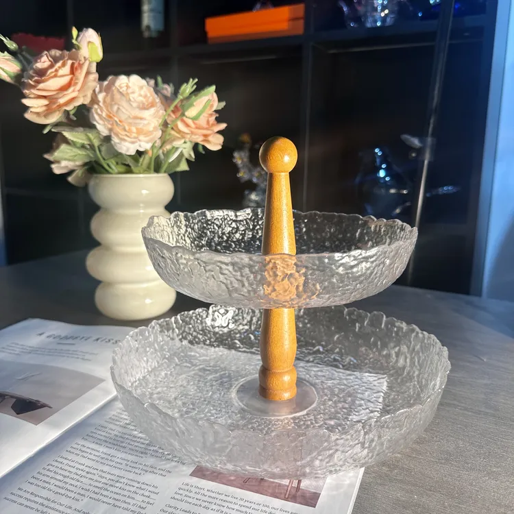 中古风冰纹/条纹双层玻璃水果盘复古创意家用