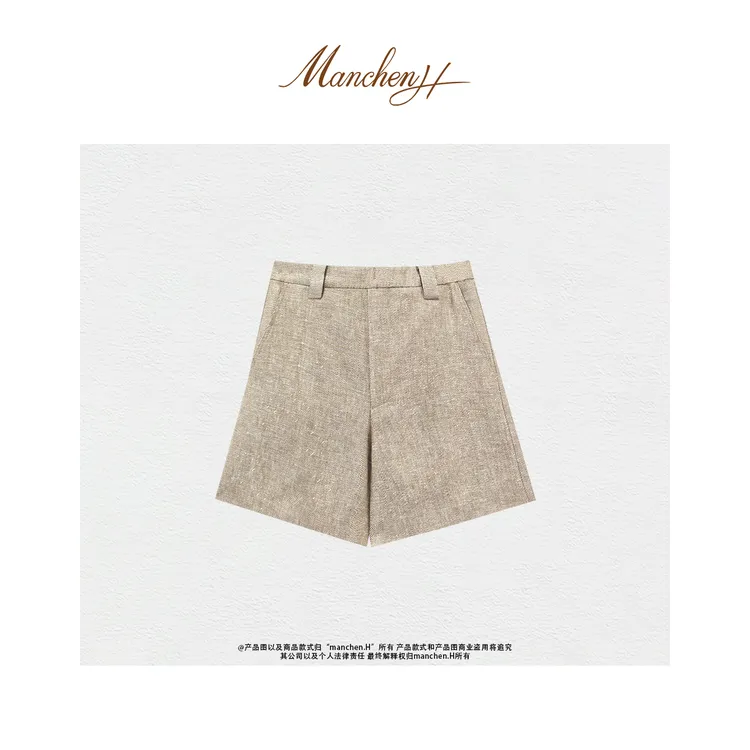 曼辰manchenh"鎏金百慕大"法国进口金丝亚麻老钱风短裤