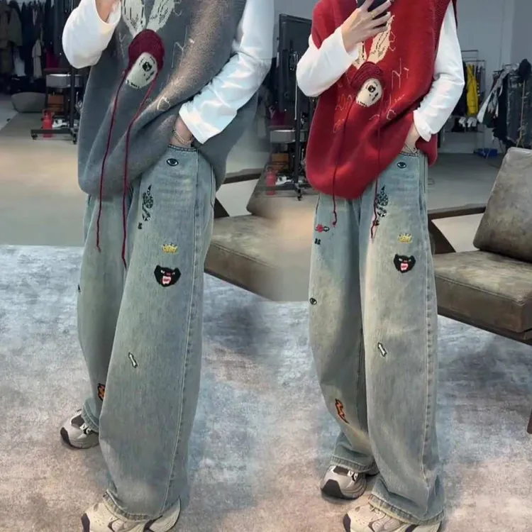 Aimeerosa/艾洛莎宽松大码刺绣牛仔裤女春季复古高腰阔腿拖地长裤