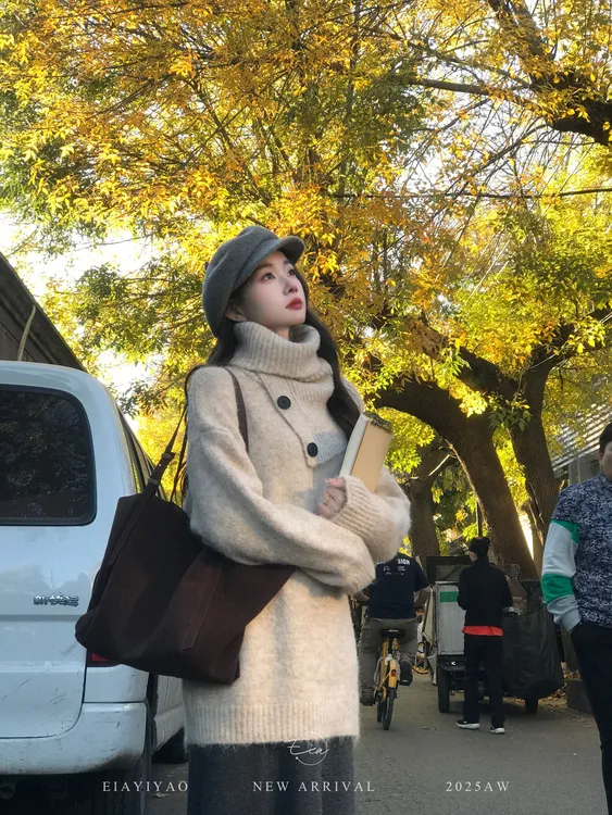 EIA一尧【晚秋梧桐】秋冬慵懒厚毛衣+高领套头可拆卸围脖气质两件套