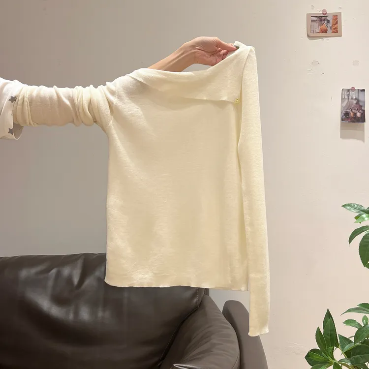 翻领一字肩长袖针织衫女2025秋季新款修身显瘦内搭打底上衣