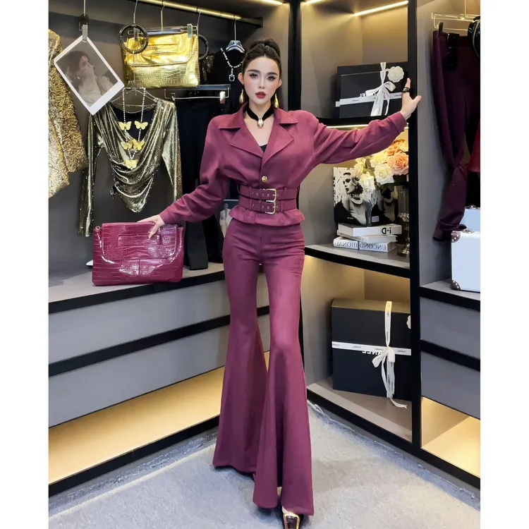 欧货女装-2025新款时尚鹿皮绒套装轻奢原创收腰上衣高腰长裤套装