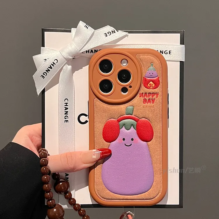 卡通棕色印压红耳机茄子适用iPhone16ProMax手机壳创意苹果15pro