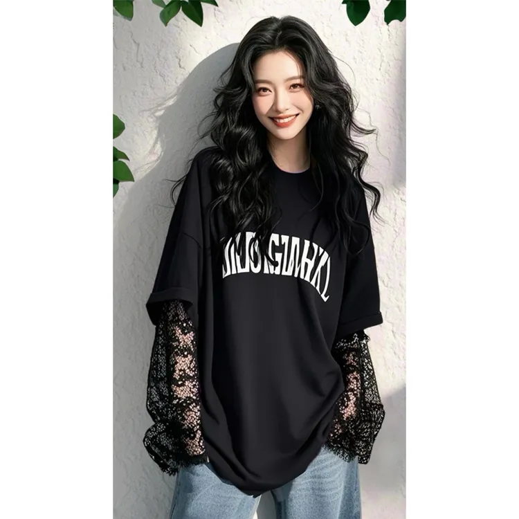 2025新款爆款超好看漂亮上衣黑色蕾丝欧若风假两件长袖t恤女春季