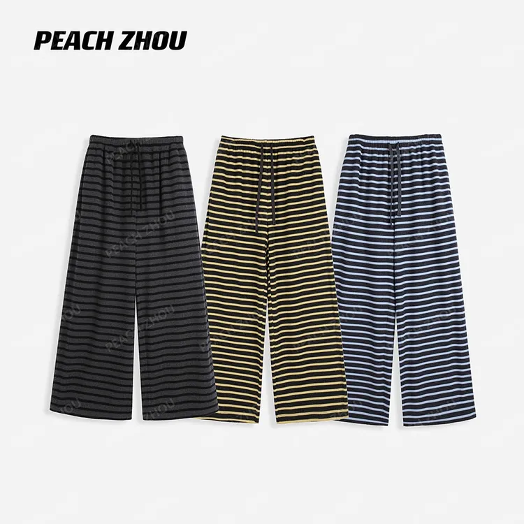 『PEACHZHOU』软糯毛巾黄条纹弹力宽松休闲裤松紧腰慵懒松驰阔腿裤