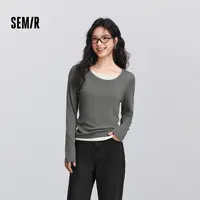 森马长袖T恤女春季圆领正肩修身假两件衣服基础气质潮流显瘦内搭