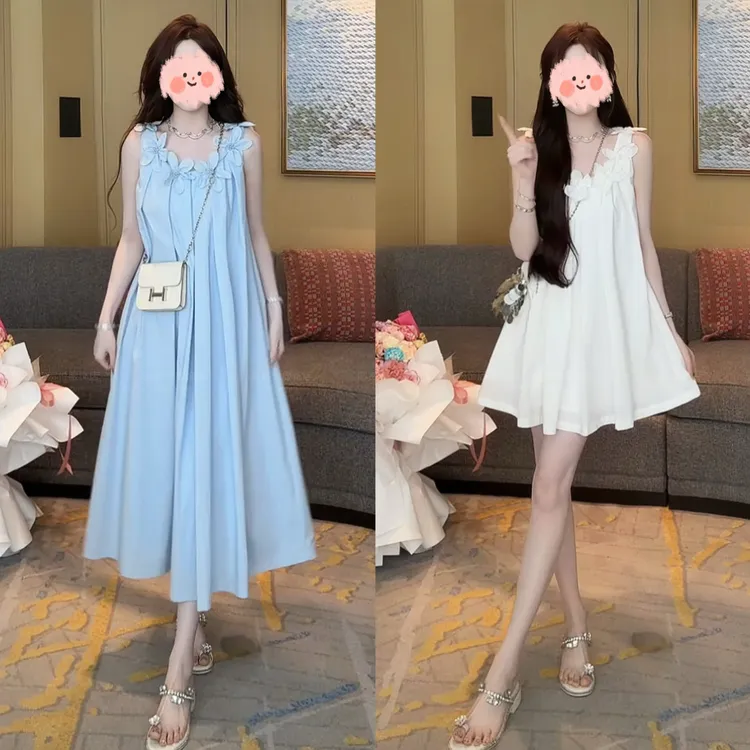 出行旅游度假风2025夏季遮肉显瘦无袖吊带连衣裙千金贵气名媛风女