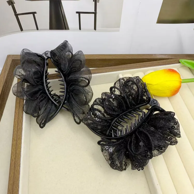 诗泊雅 新款褶皱气质百搭网纱款简约优雅丸子抓夹