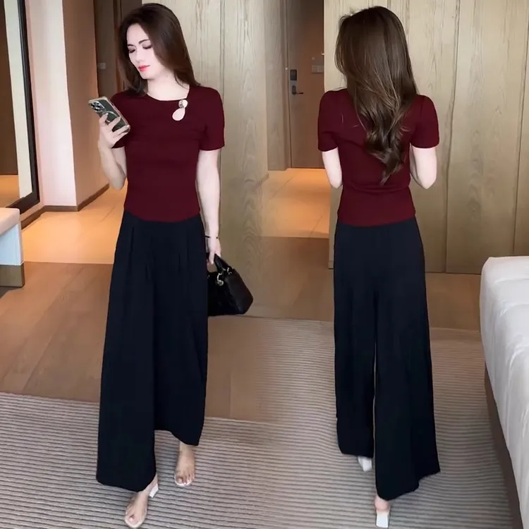 时尚洋气套装女2025夏季新款设计感T恤上衣阔腿裤遮肉显瘦两件套