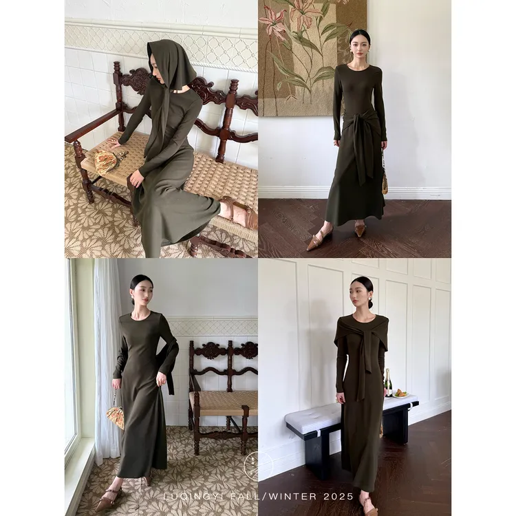 鹭青一原创【映帘】莫代尔棉针织连衣裙女秋绑带长裙 L25L7553B