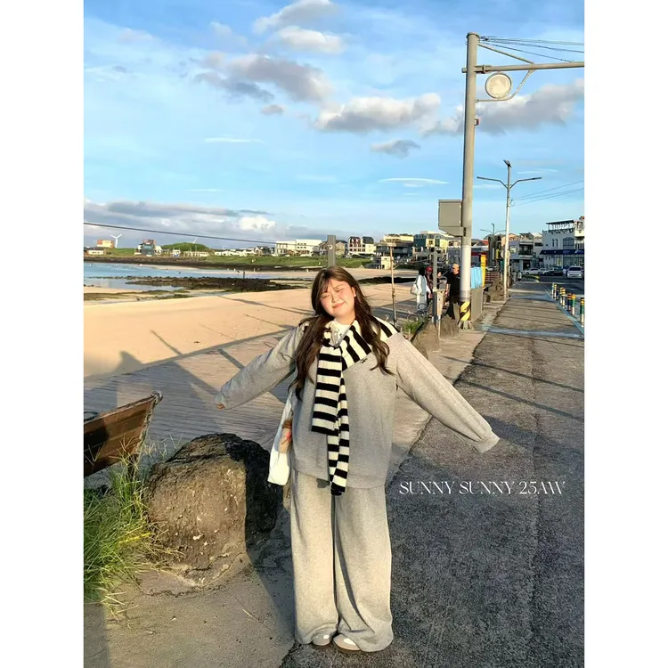 三点泥SUNNY【休闲一挂】韩系休闲风松弛感披肩卫衣长裤两件套装女