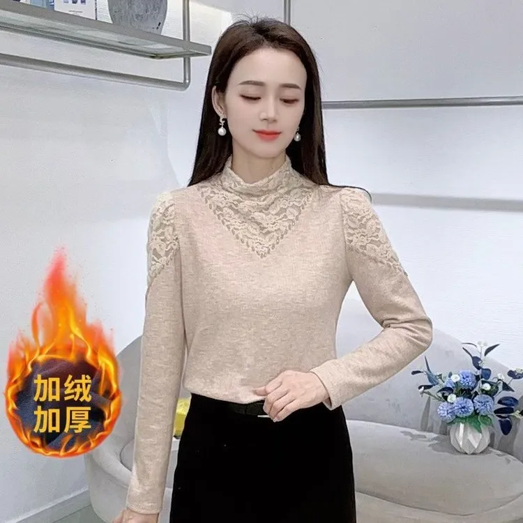 [有运费险]时尚洋气百搭新款打底衫冬季加绒保暖减龄蕾丝拼接上衣