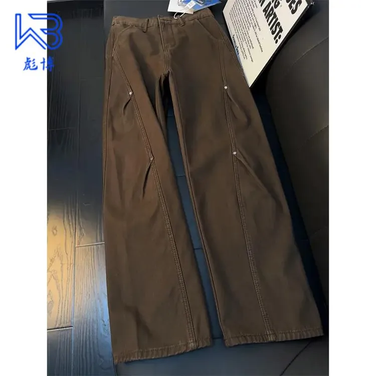 美式复古铆钉斜切牛仔裤男款秋冬季加绒弯刀工装裤直筒宽松阔腿裤