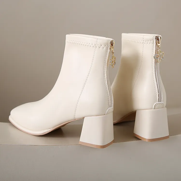 软皮方头小短靴2025秋冬百搭网红瘦瘦靴粗跟加绒马丁靴高跟时装靴