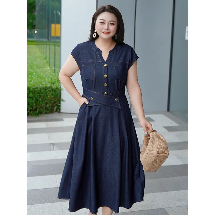 【无拘入夏】MsShe大码女装夏季通勤仿牛仔长款连衣裙J~B2504003