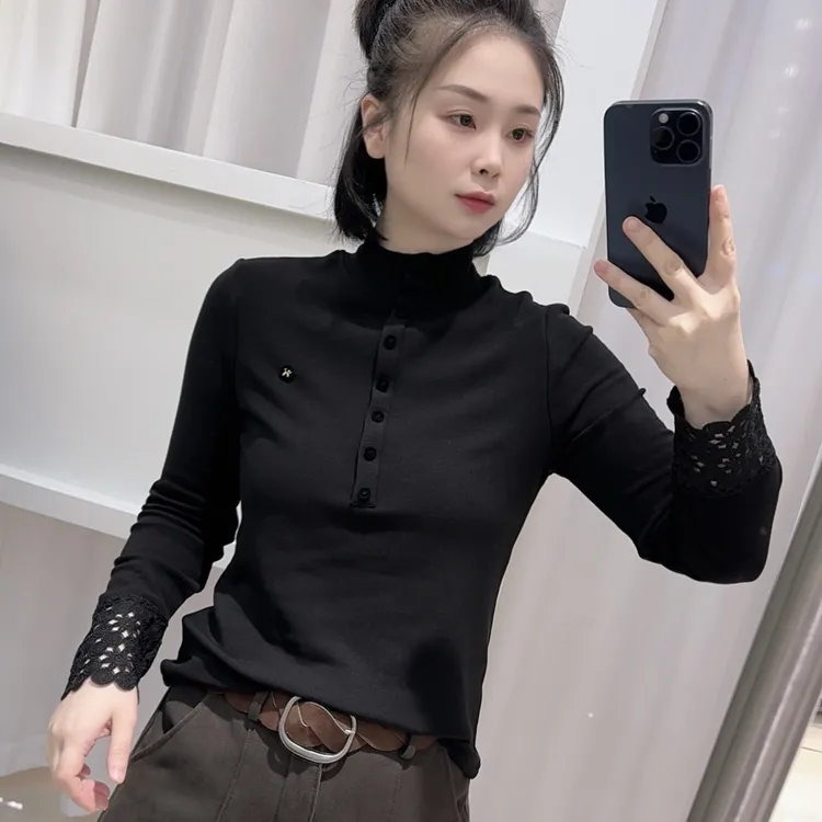 【2858】秋冬保暖磨毛修身型镂空T恤长袖半高领显瘦上衣