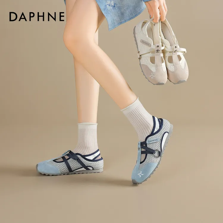 达芙妮法式玛丽珍鞋女2025夏季新款百搭平底小白鞋网面透气休闲鞋