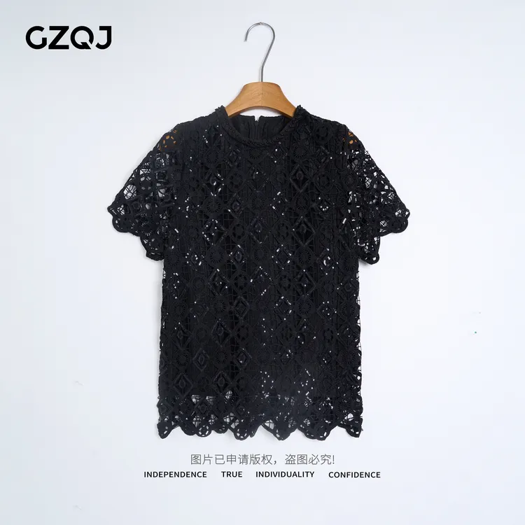 广州琴姐【半熟恋人】欧若风提花蕾丝镂空黑色圆领短袖T恤女夏70440