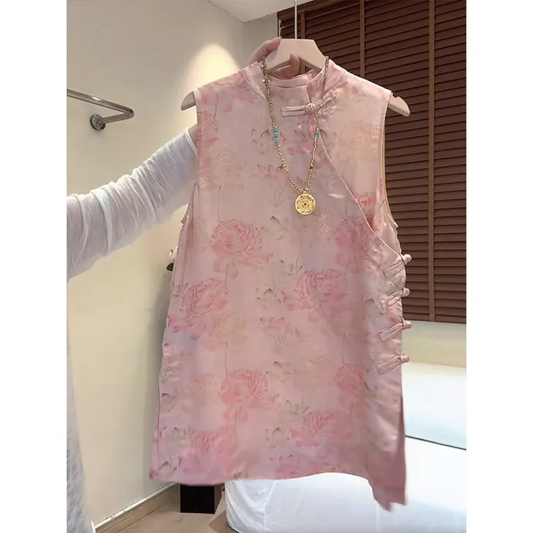 法式小香风无袖衬衫女2025夏季新款气质减龄提花中式国风盘扣上衣