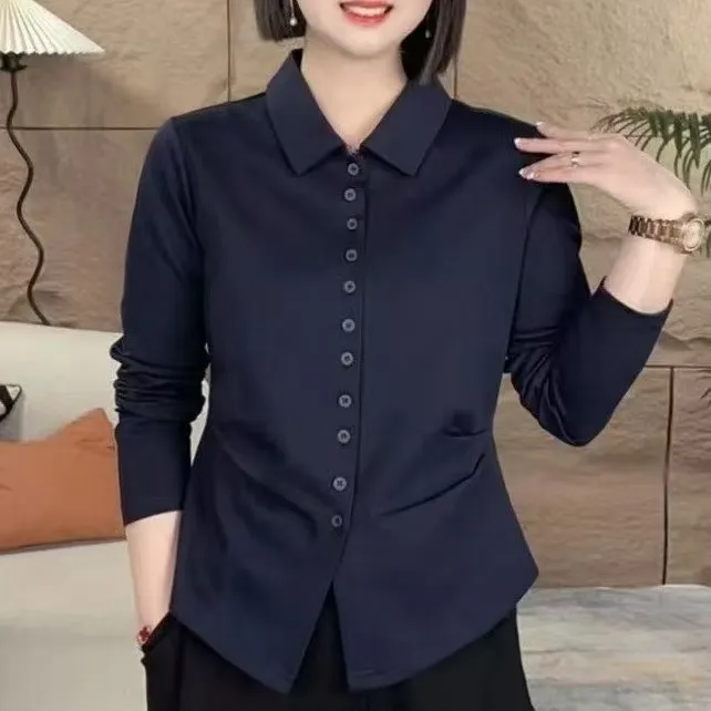 2025纯色秋季新款女士棉衬衫翻领长袖洋气时尚衬衫显瘦气质百搭