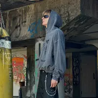 luuucam 秋冬小众手工磨破水洗染色印花短宽BOXY连帽卫衣男套头衫