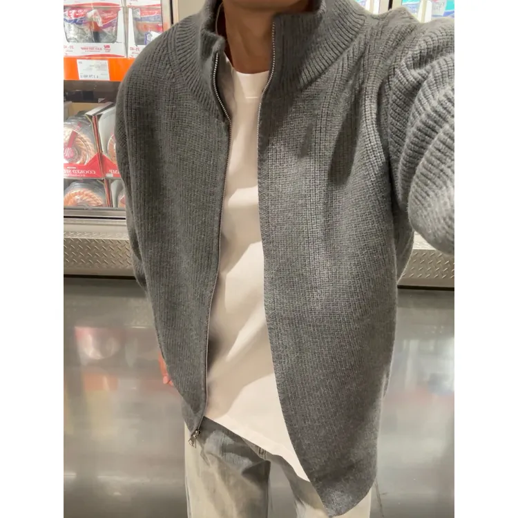 灰色高领开衫毛衣男款秋季内搭线衣夹克cleanfit美式针织衫外套潮