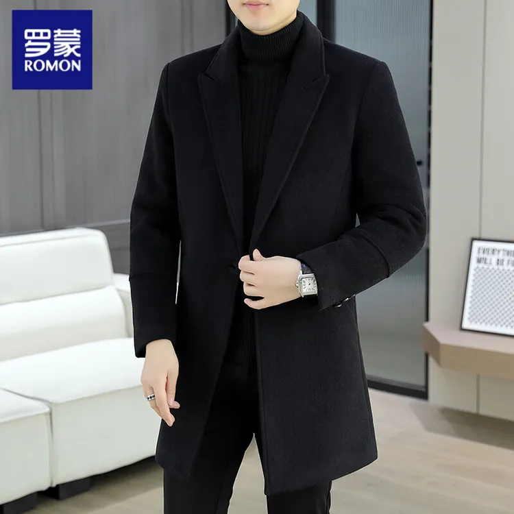 罗蒙羊毛呢大衣男士中长款西装领风衣秋冬季高端休闲呢子外套男装