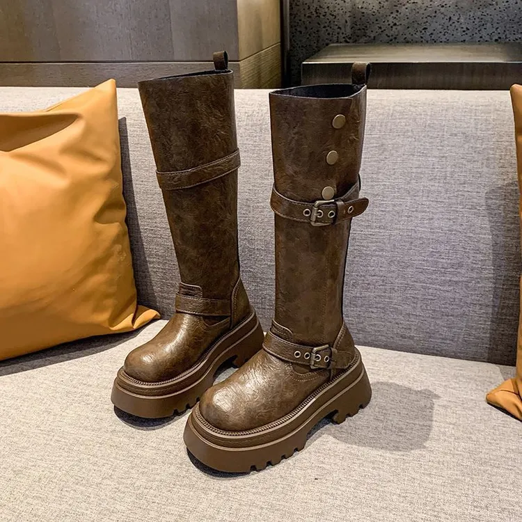 美拉德棕色百搭长筒靴女2025秋季新款粗腿增高骑士靴小个子高筒靴