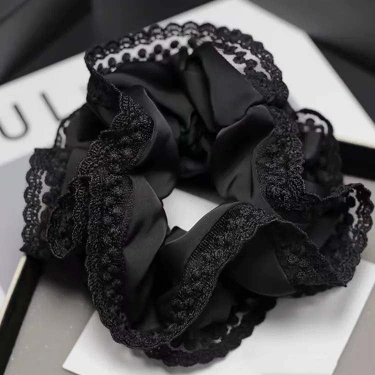 黑色蕾丝花边款缎面低扎丸子气质优雅发圈头绳高弹力头饰头花发饰