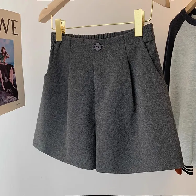 灰色毛呢短裤女秋冬大码显瘦高腰呢子百搭靴裤外穿打底a字阔腿裤 