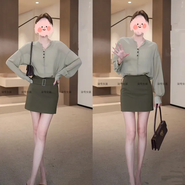 2025夏季新款轻职风宽松立领长袖衬衫+高腰显瘦半身A字短裙两件套