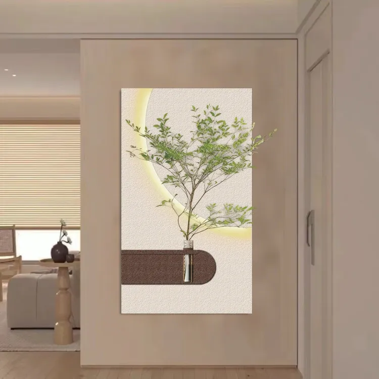 奶油风水培绿植砂岩画餐厅立体装饰画发光客厅背景墙挂画可养花