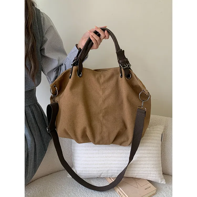 2025新款日系托特包女士大容量帆布袋复古通勤手提包单肩斜挎大包