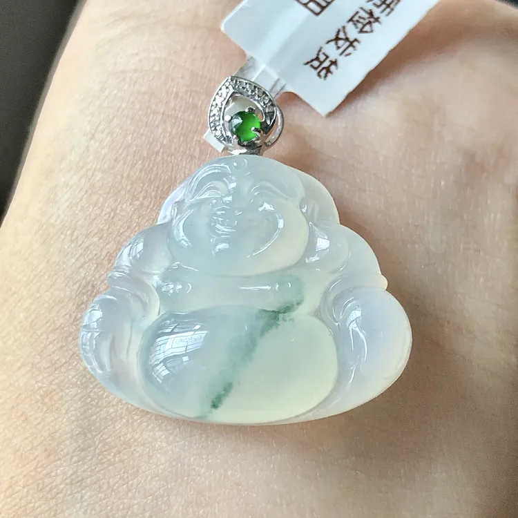 缅甸天然A货翡翠18k金镶嵌老坑冰种飘花佛公吊坠尺寸27.5/25.2/6