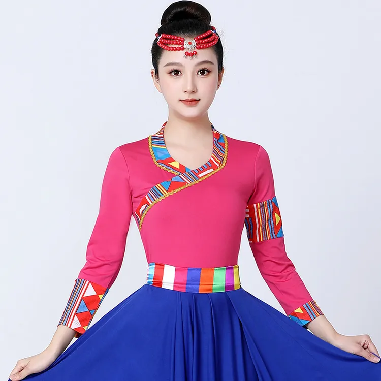 广场舞服装女上衣藏族中袖上衣牛奶丝中老年跳舞衣服舞蹈服练功服
