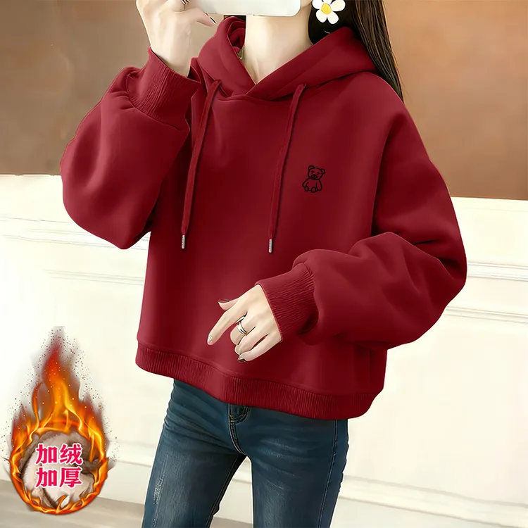 韩版时尚宽松连帽长袖卫衣女秋冬新款小个子套头加绒加厚上衣外套