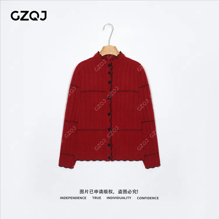 老琴私服【暖冬绯色】绵羊毛山羊绒圆领针织开衫麻花毛衣女冬款0201