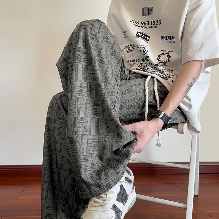 格纹冰丝裤子男夏季薄款宽松直筒凉感休闲长裤潮牌美式复古阔腿裤