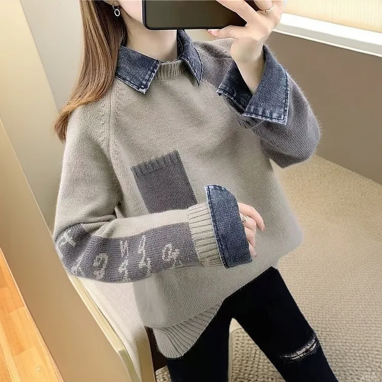 春秋新款假两件圆领牛仔袖针织衫女韩版爆款宽松毛衣外穿打底上衣