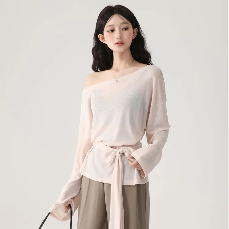 千金风绑带宽松百搭时尚T恤长袖夏季早秋休闲小众设计感罩衫微透