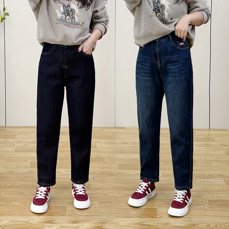 冬季小个子高腰大码九分弹力百搭哈伦牛仔裤女显瘦宽松加绒老爹裤