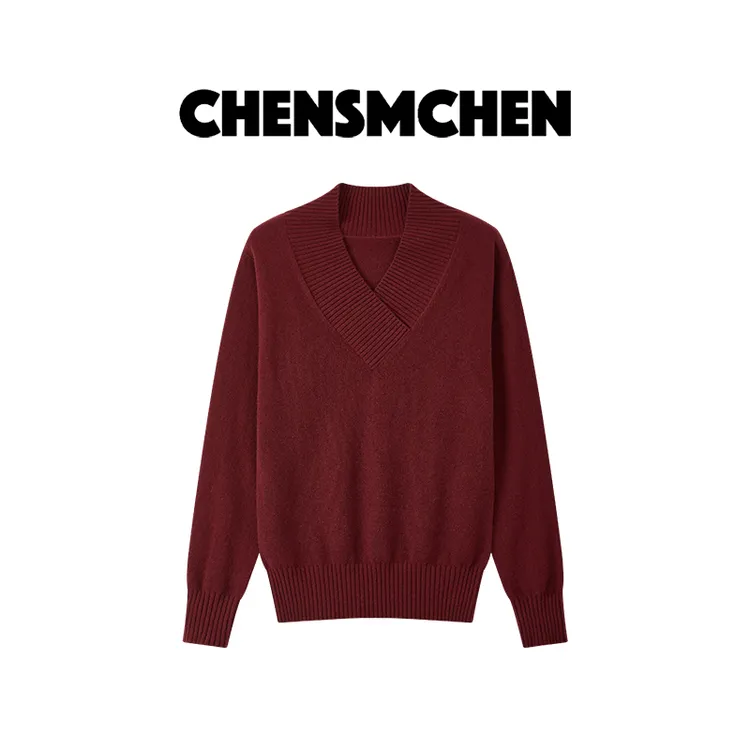CHENSMCHEN100绵羊毛简约纯色针织衫女气质显瘦百搭上衣CSZ8910JX