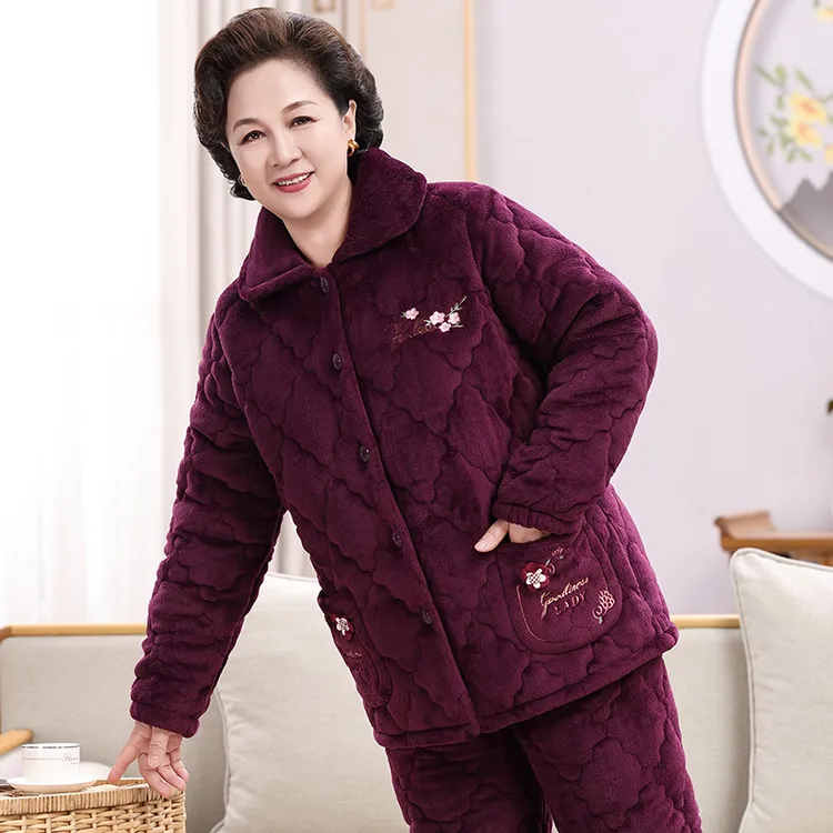 冬季老年人睡衣珊瑚绒夹棉加绒加厚保暖妈妈装睡衣女套装家居服