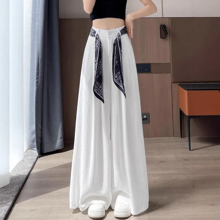 丝巾腰带垂感西装裤子女2025新款拖地直筒宽松休闲西装阔腿裤高腰