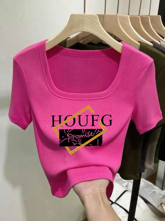 夏季新款修身显瘦设计感U领正肩上衣短款短袖辣妹印花字母纯棉T恤