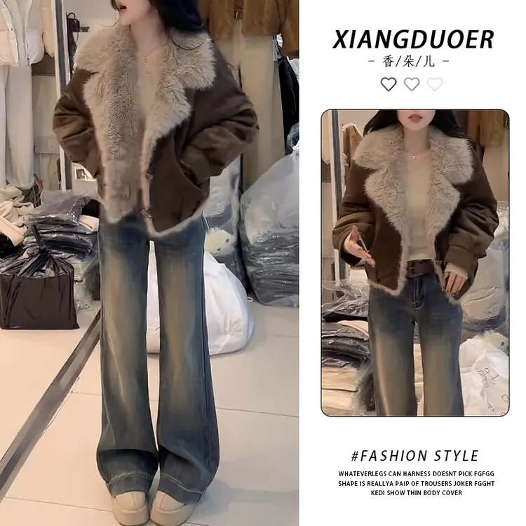 软绒大翻领短款外套2025秋冬款蓬松毛领个性靓丽冬日温柔慵懒腔调