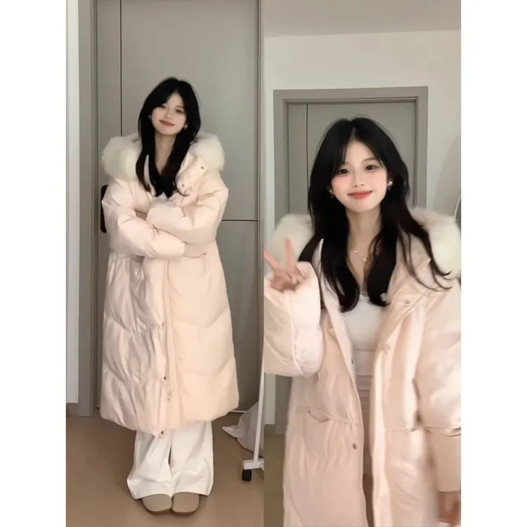 甜奶风中长款大衣棉服外套女冬季软糯大毛领连帽棉袄宽松显瘦棉衣